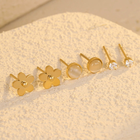 Wholesale Women's Fashion Flower Zircon Opal Inlaid Stainless Steel 18K Electroplated Earrings Set Jewelry