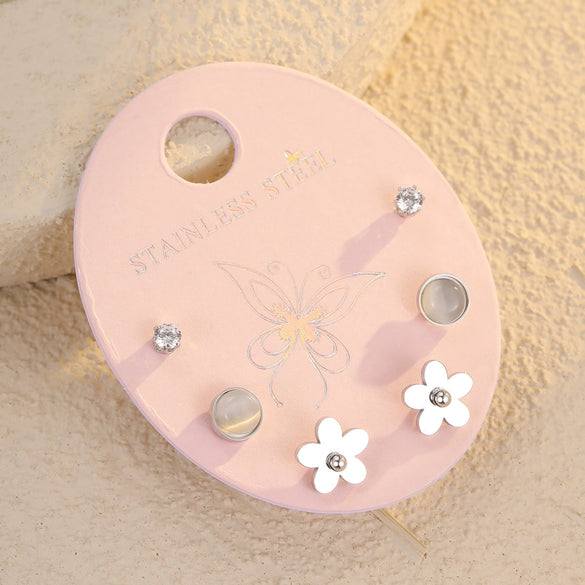Wholesale Women's Fashion Flower Zircon Opal Inlaid Stainless Steel 18K Electroplated Earrings Set Jewelry