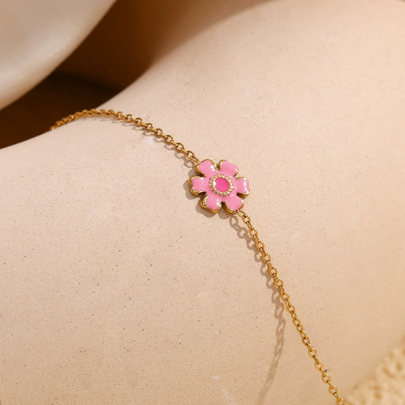 Wholesale Women's Fashion Flowershaped Stainless Steel Vacuum Plated Pink Enamel Serrated Petal Bracelet