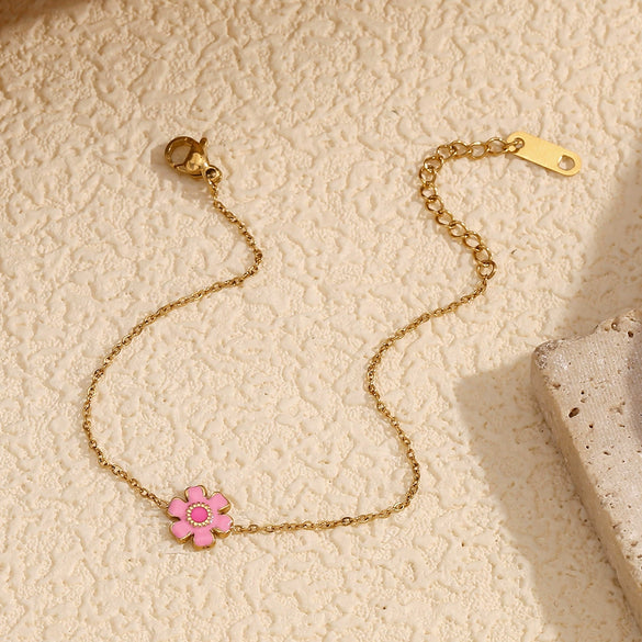 Wholesale Women's Fashion Flowershaped Stainless Steel Vacuum Plated Pink Enamel Serrated Petal Bracelet