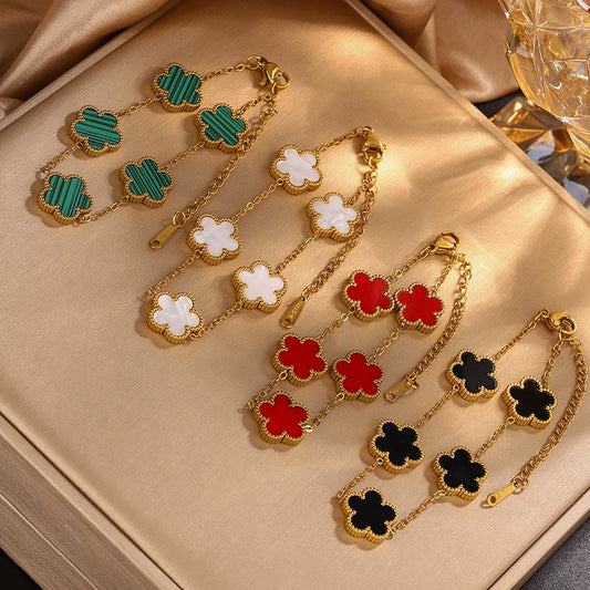 Wholesale Women's Fashion Fresh Stainless Steel Bracelet With Five Leaf Grass And Plum Blossom Pattern Electroplated