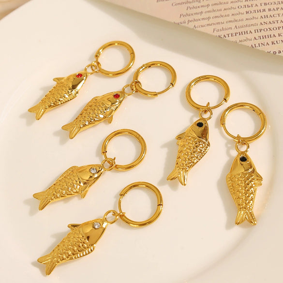 Wholesale Women's Fashion Fresh Style Fish Eye 316L Stainless Steel 18K Gold Plated Marine Earrings