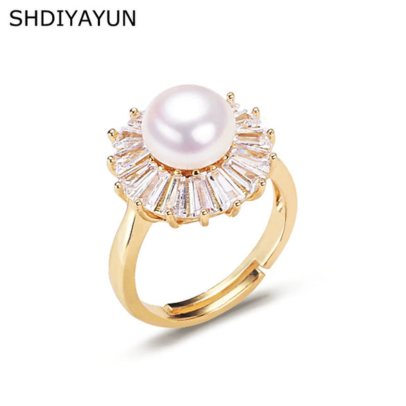 Wholesale Women's Fashion Freshwater Pearl And Zircon Ring Copper Gold Plated