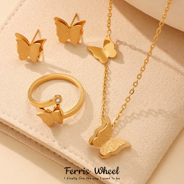 Wholesale Women's Fashion Frosted Butterfly Ferris Wheel Jewelry Set Electroplated Stainless Steel And Titanium Steel