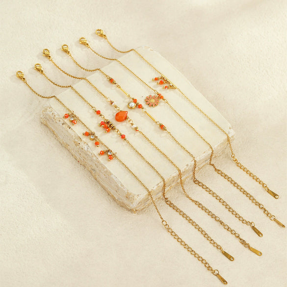 Wholesale Women's Fashion Geometric Beaded Stainless Steel Chain Bracelet 18K Gold Plated