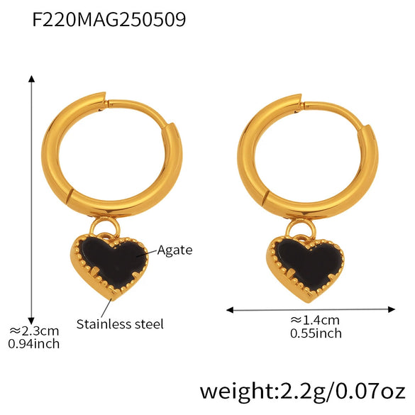 Wholesale Women's Fashion Geometric Black Agate Heart Exquisite Earrings Stainless Steel 18K Gold Plated