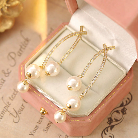 Wholesale Women's Fashion Geometric Copper Earrings With Long Tassels And Pearl Diamonds Micropaved Zircon Electroplated