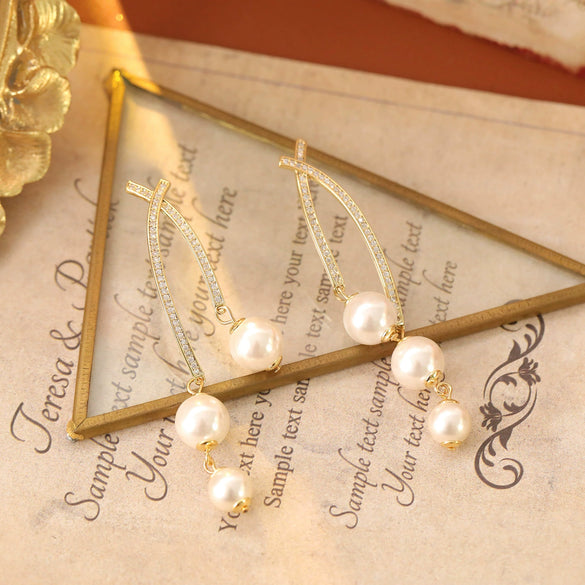 Wholesale Women's Fashion Geometric Copper Earrings With Long Tassels And Pearl Diamonds Micropaved Zircon Electroplated