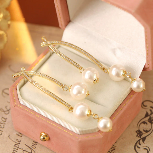 Wholesale Women's Fashion Geometric Copper Earrings With Long Tassels And Pearl Diamonds Micropaved Zircon Electroplated