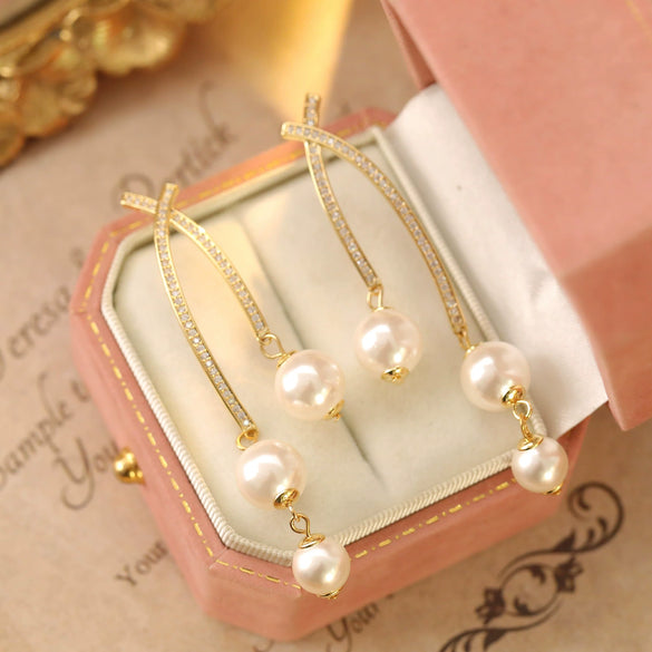Wholesale Women's Fashion Geometric Copper Earrings With Long Tassels And Pearl Diamonds Micropaved Zircon Electroplated