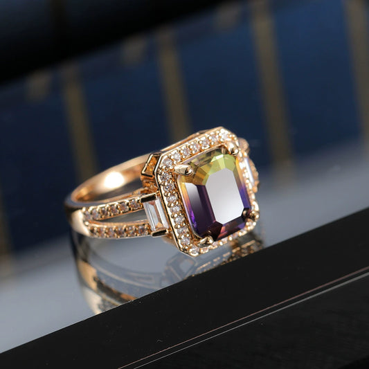 Wholesale Women's Fashion Geometric Copper Gold Plated Tourmaline Ring With Colorful Crystal Inlaid
