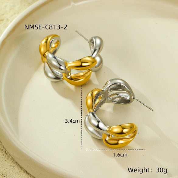 Wholesale Women's Fashion Geometric Cshaped Colorblocked Titanium Steel And 18K Gold Plated Earrings