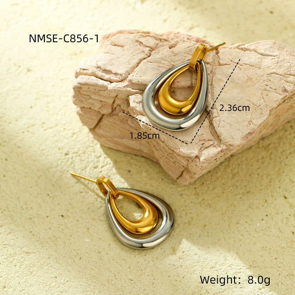 Wholesale Women's Fashion Geometric Cshaped Colorblocked Titanium Steel And 18K Gold Plated Earrings