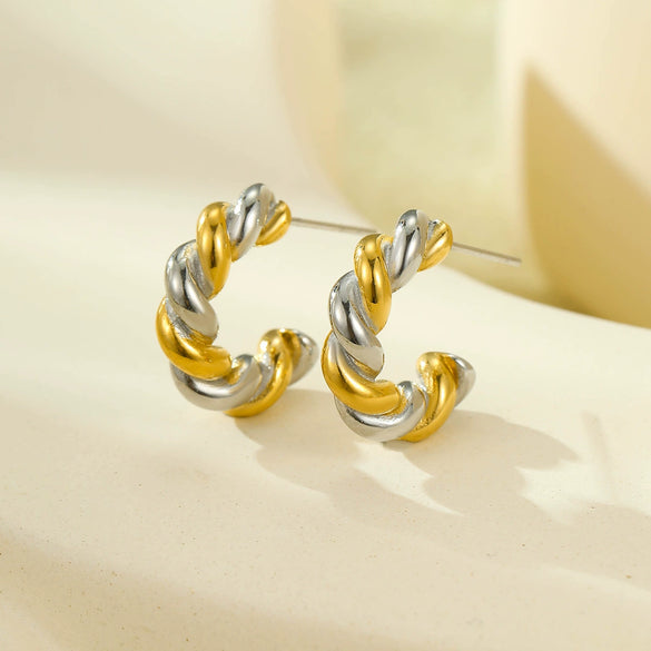 Wholesale Women's Fashion Geometric Cshaped Colorblocked Titanium Steel And 18K Gold Plated Earrings