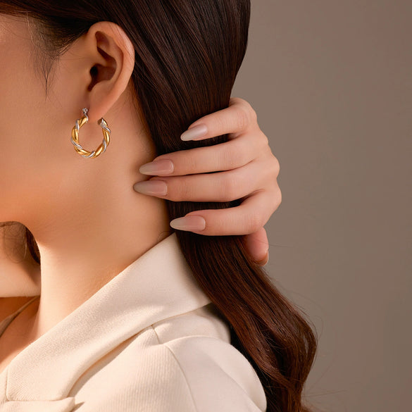 Wholesale Women's Fashion Geometric Cshaped Colorblocked Titanium Steel And 18K Gold Plated Earrings