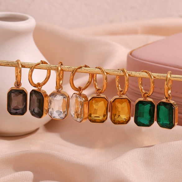Wholesale Women's Fashion Geometric Cut Corner Rectangular Titanium Steel 18K Gold Plated Zircon Pendant Earrings