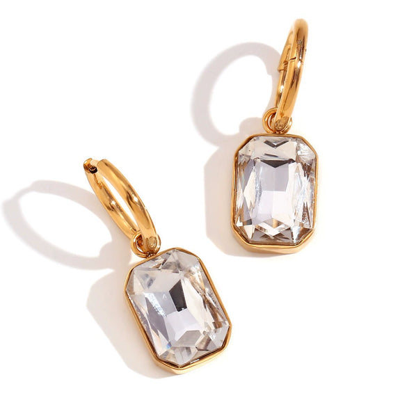 Wholesale Women's Fashion Geometric Cut Corner Rectangular Titanium Steel 18K Gold Plated Zircon Pendant Earrings