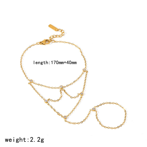 Wholesale Women's Fashion Geometric Diamondencrusted Zircon 18K Gold Vacuum Plated Stainless Steel Finger Chain Integrated Bracelet