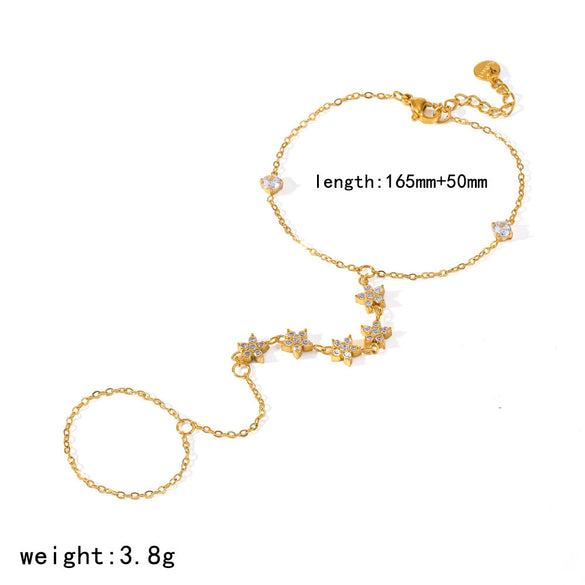 Wholesale Women's Fashion Geometric Diamondencrusted Zircon 18K Gold Vacuum Plated Stainless Steel Finger Chain Integrated Bracelet