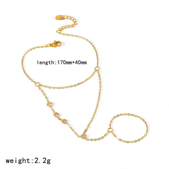 Wholesale Women's Fashion Geometric Diamondencrusted Zircon 18K Gold Vacuum Plated Stainless Steel Finger Chain Integrated Bracelet