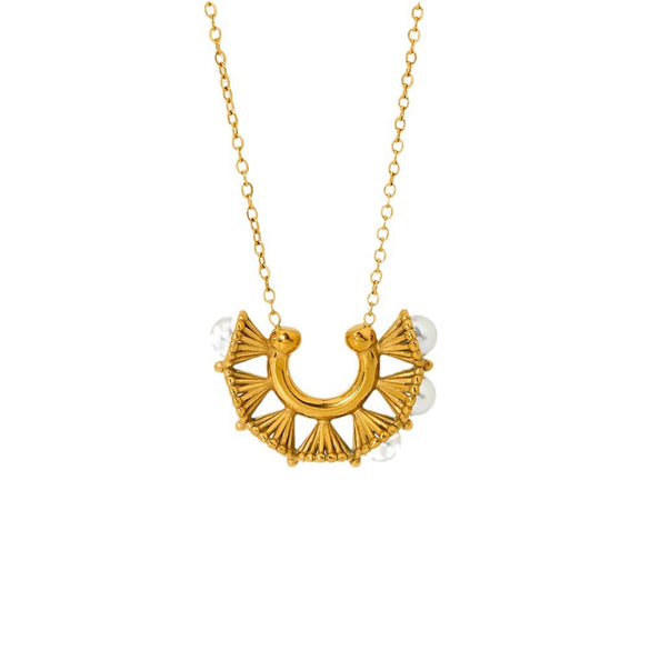 Wholesale Women's Fashion Geometric Drop Shape Hollow Fanshaped Pendant Stainless Steel And Titanium Steel Necklace With 18K Gold Plated Oshaped Chain