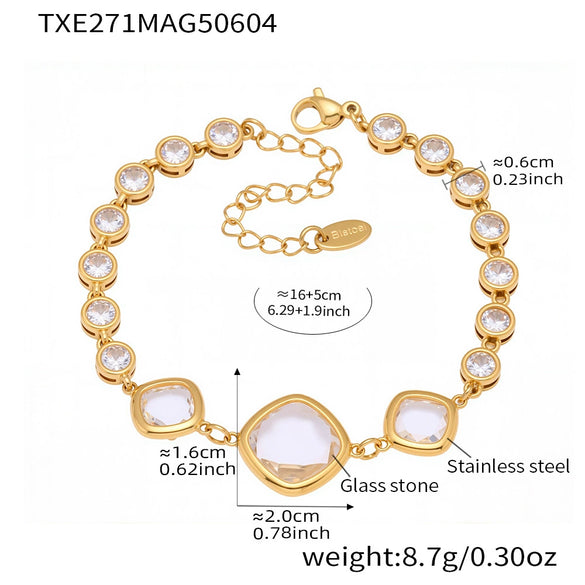 Wholesale Women's Fashion Geometric Faceted Transparent Czech Glass Stone 316L Stainless Steel Electroplated Bracelet