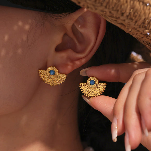 Wholesale Women's Fashion Geometric Fan Earrings In Stainless Steel With 18K Gold Electroplating And Natural Blue Turquoise