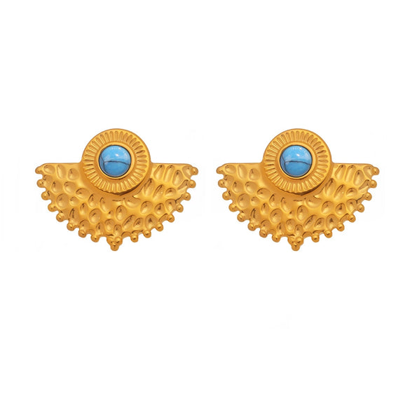 Wholesale Women's Fashion Geometric Fan Earrings In Stainless Steel With 18K Gold Electroplating And Natural Blue Turquoise