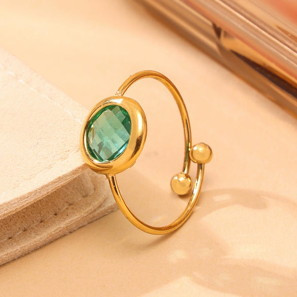 Wholesale Women's Fashion Geometric Ferris Wheel Faceted Open Bead Index Finger Ring Stainless Steel Glass Stone 18K Gold Plated