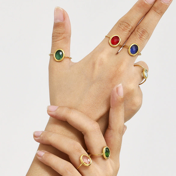 Wholesale Women's Fashion Geometric Ferris Wheel Oval Inlaid Glass Stone Electroplated Stainless Steel Ring