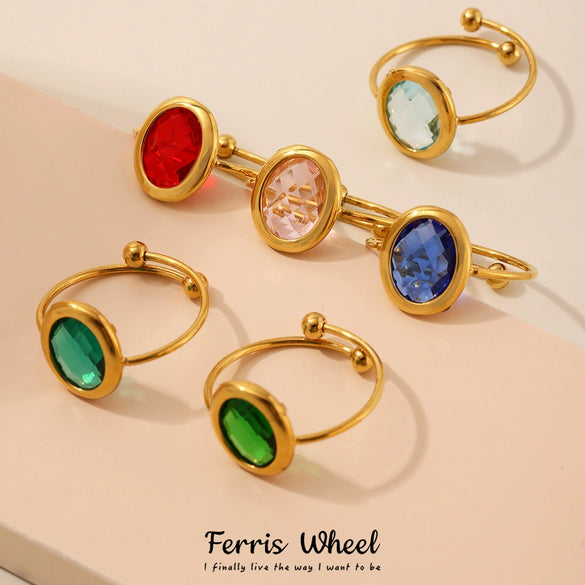 Wholesale Women's Fashion Geometric Ferris Wheel Oval Inlaid Glass Stone Electroplated Stainless Steel Ring