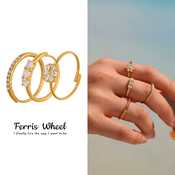 Wholesale Women's Fashion Geometric Ferris Wheel Water Drop Flower Opening Ring Stainless Steel 18K Gold Plated