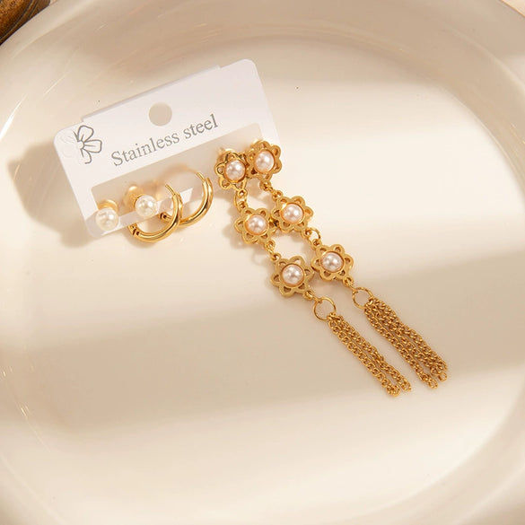 Wholesale Women's Fashion Geometric Hollow Fivepointed Star Pearl Titanium Steel Tassel Earrings Electroplated