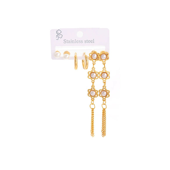 Wholesale Women's Fashion Geometric Hollow Fivepointed Star Pearl Titanium Steel Tassel Earrings Electroplated