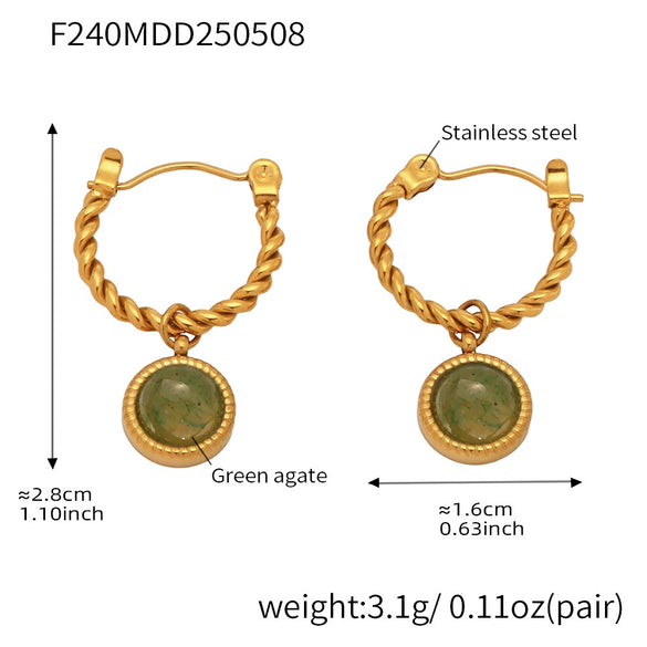 Wholesale Women's Fashion Geometric Natural Green Agate Twist Earrings Stainless Steel Pvd Plated 18K Gold Ear Buckle