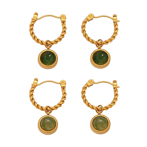 Wholesale Women's Fashion Geometric Natural Green Agate Twist Earrings Stainless Steel Pvd Plated 18K Gold Ear Buckle