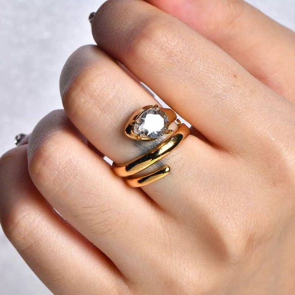 Wholesale Women's Fashion Geometric Snake Ring Stainless Steel 18K Gold Plated Inlaid Zircon