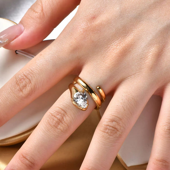 Wholesale Women's Fashion Geometric Snake Ring Stainless Steel 18K Gold Plated Inlaid Zircon