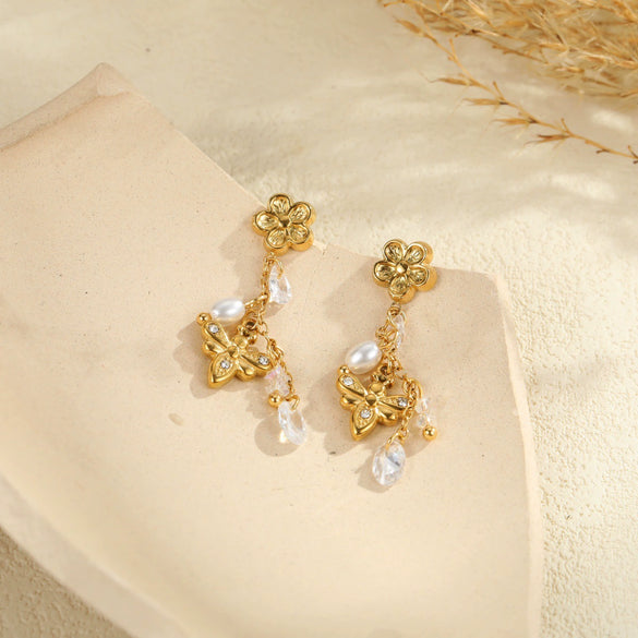 Wholesale Women's Fashion Geometric Stainless Steel And 18K Gold Electroplated Flower And Bee Earrings