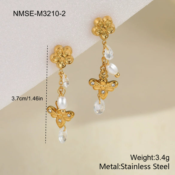 Wholesale Women's Fashion Geometric Stainless Steel And 18K Gold Electroplated Flower And Bee Earrings