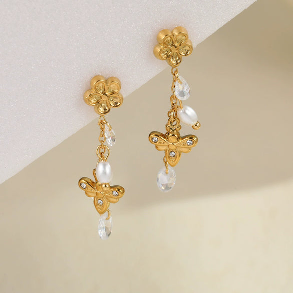 Wholesale Women's Fashion Geometric Stainless Steel And 18K Gold Electroplated Flower And Bee Earrings