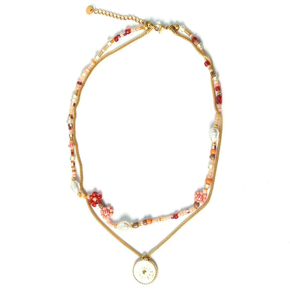 Wholesale Women's Fashion Geometric Stainless Steel And Pearl Beaded Sunflower Pendant Necklace With Electroplating Treatment