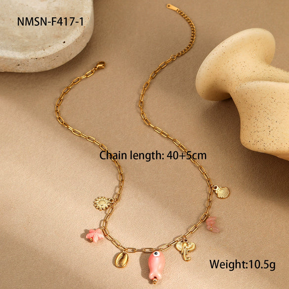 Wholesale Women's Fashion Geometric Stainless Steel And Titanium Steel Mermaid Pendant Necklace And Bracelet Set With Heart Water Drop And Bell Patterns Electroplated