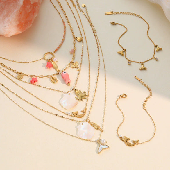 Wholesale Women's Fashion Geometric Stainless Steel And Titanium Steel Mermaid Pendant Necklace And Bracelet Set With Heart Water Drop And Bell Patterns Electroplated