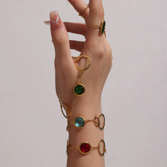 Wholesale Women's Fashion Geometric Stainless Steel And Zircon Electroplated Faceted Glass Stone Hollow Ring Stitching Bracelet