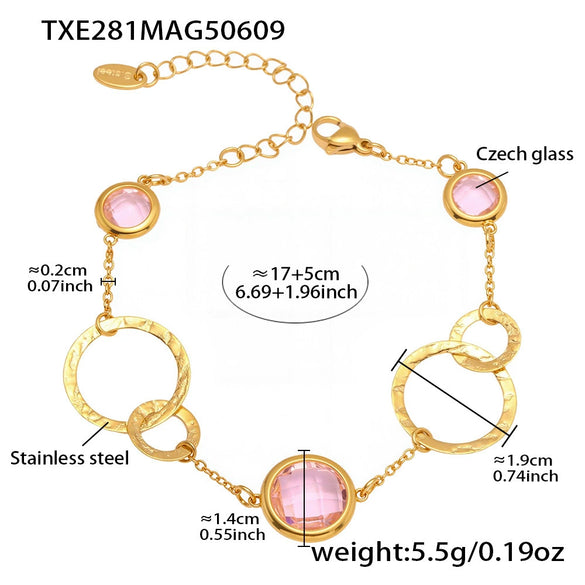 Wholesale Women's Fashion Geometric Stainless Steel And Zircon Electroplated Faceted Glass Stone Hollow Ring Stitching Bracelet
