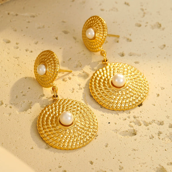 Wholesale Women's Fashion Geometric Stainless Steel Earrings With Pearl Inlay And Electroplating