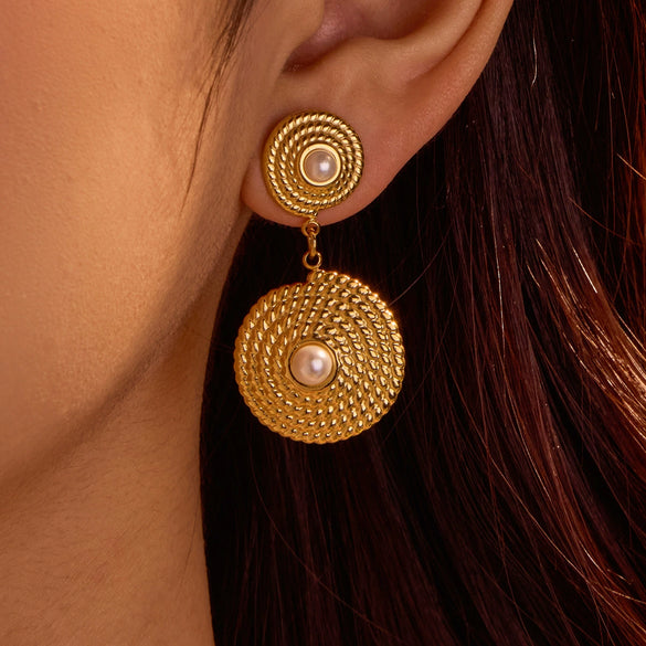 Wholesale Women's Fashion Geometric Stainless Steel Earrings With Pearl Inlay And Electroplating