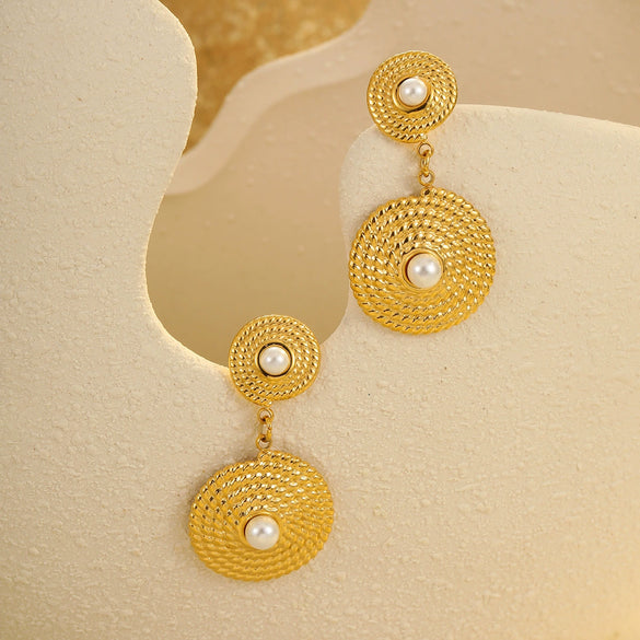 Wholesale Women's Fashion Geometric Stainless Steel Earrings With Pearl Inlay And Electroplating