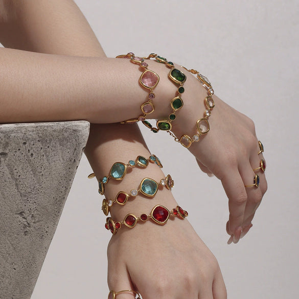Wholesale Women's Fashion Geometric 316L Stainless Steel Electroplated Faceted Czech Glass Bracelet Jewelry